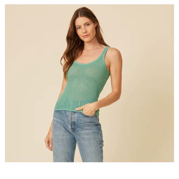 One Grey Day Knitted Scoop Tank Top Green XS Pointelle Stitch Sheer Ribbed Boho - Picture 2 of 5